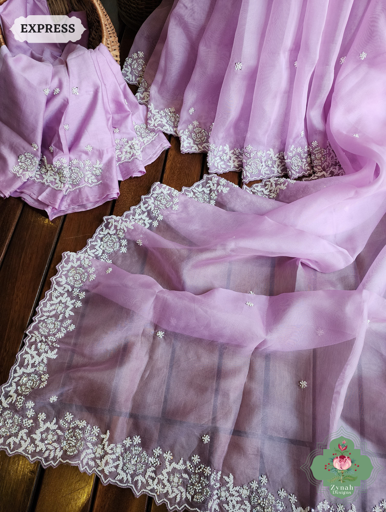 Zynah Lilac Organza Silk Saree With Pearls, Cutdana & Sequins Hand Embellishments; Custom Stitched/Ready-made Blouse, Fall, Petticoat; SKU: 2711202404