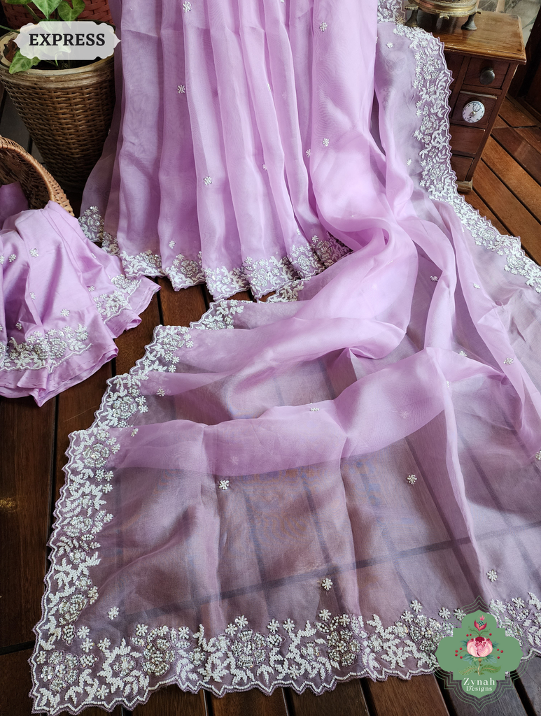 Zynah Lilac Organza Silk Saree With Pearls, Cutdana & Sequins Hand Embellishments; Custom Stitched/Ready-made Blouse, Fall, Petticoat; SKU: 2711202404