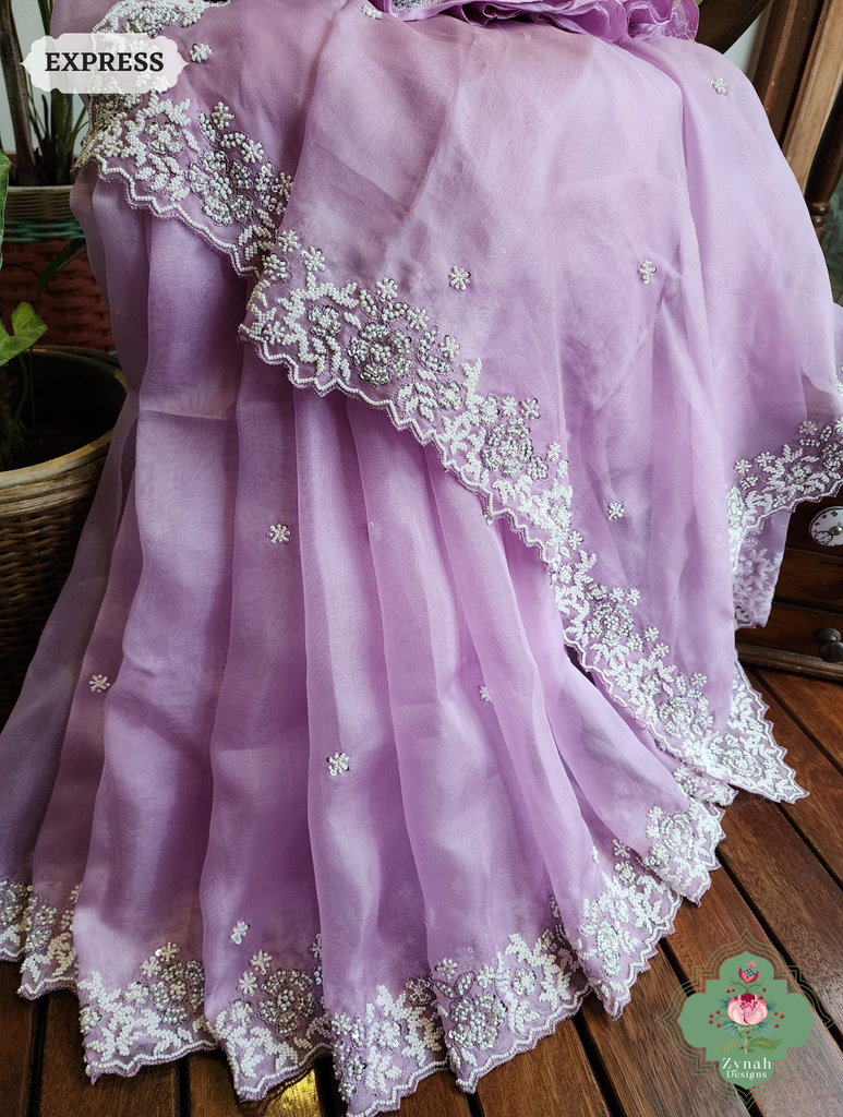 Zynah Lilac Organza Silk Saree With Pearls, Cutdana & Sequins Hand Embellishments; Custom Stitched/Ready-made Blouse, Fall, Petticoat; SKU: 2711202404
