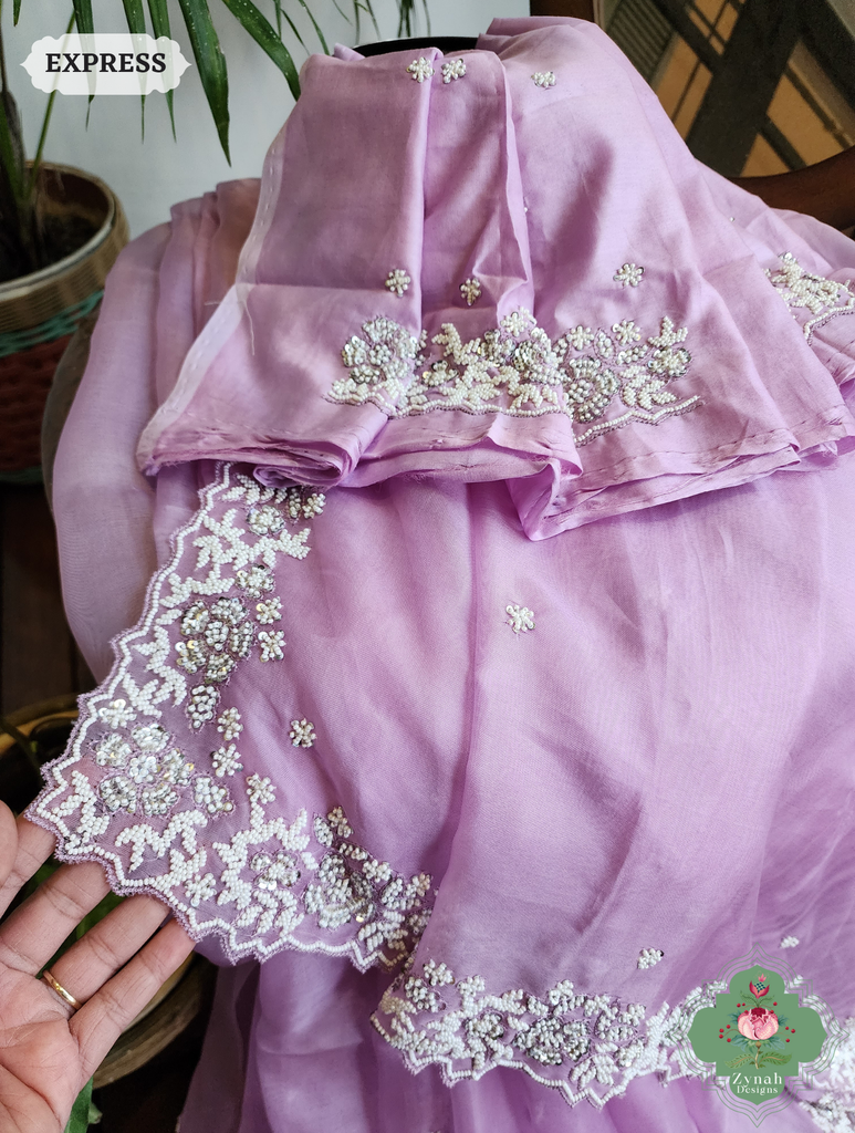 Zynah Lilac Organza Silk Saree With Pearls, Cutdana & Sequins Hand Embellishments; Custom Stitched/Ready-made Blouse, Fall, Petticoat; SKU: 2711202404