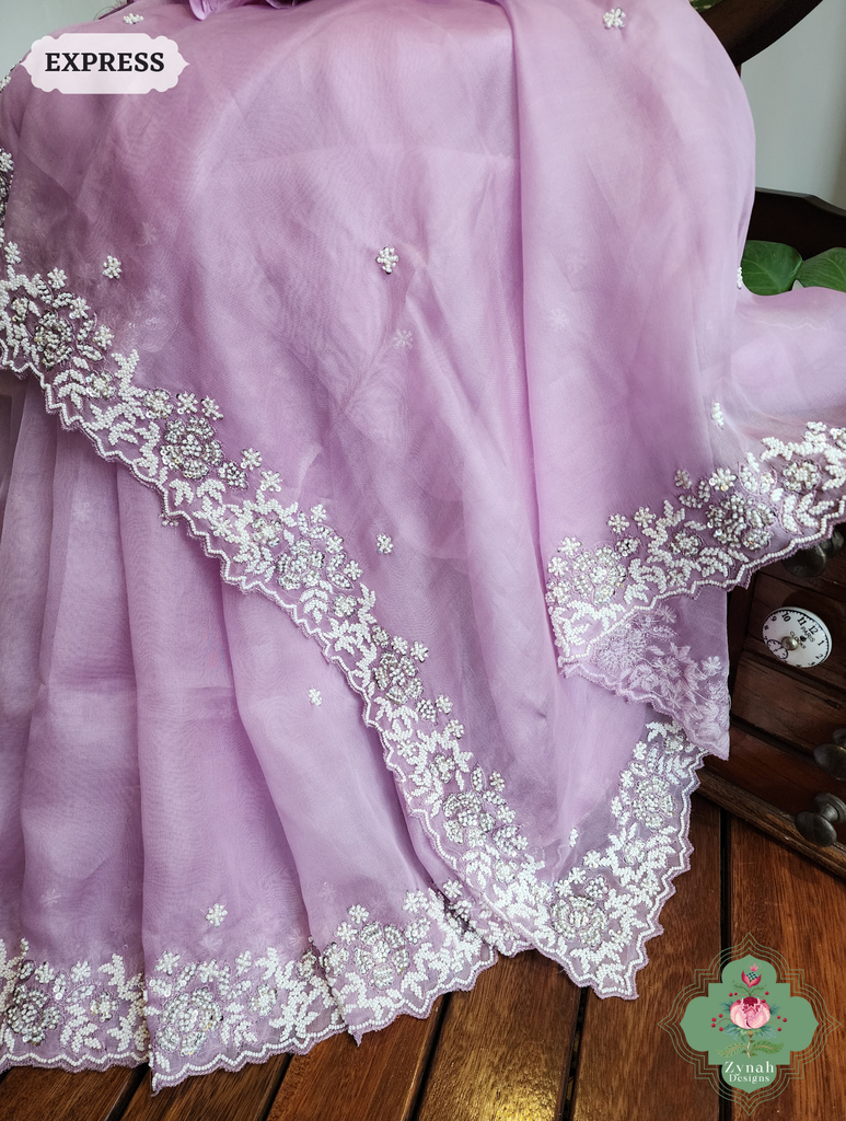 Zynah Lilac Organza Silk Saree With Pearls, Cutdana & Sequins Hand Embellishments; Custom Stitched/Ready-made Blouse, Fall, Petticoat; SKU: 2711202404