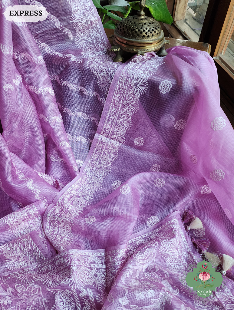 Zynah Lilac Pure Tussar Kota Silk Lehriya Style Saree with Chikankari-Inspired Embroidery; Custom Stitched/Ready-made Blouse, Fall, Petticoat; SKU: 1604202501