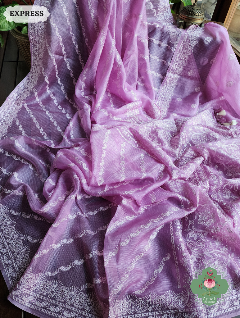 Zynah Lilac Pure Tussar Kota Silk Lehriya Style Saree with Chikankari-Inspired Embroidery; Custom Stitched/Ready-made Blouse, Fall, Petticoat; SKU: 1604202501
