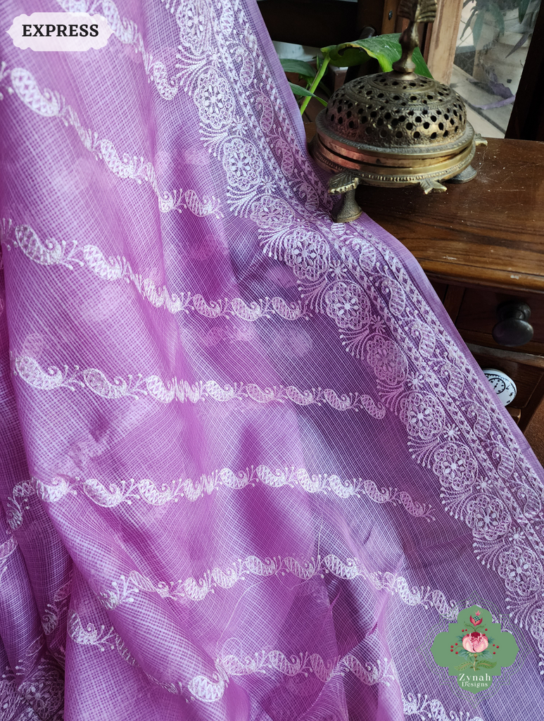 Zynah Lilac Pure Tussar Kota Silk Lehriya Style Saree with Chikankari-Inspired Embroidery; Custom Stitched/Ready-made Blouse, Fall, Petticoat; SKU: 1604202501