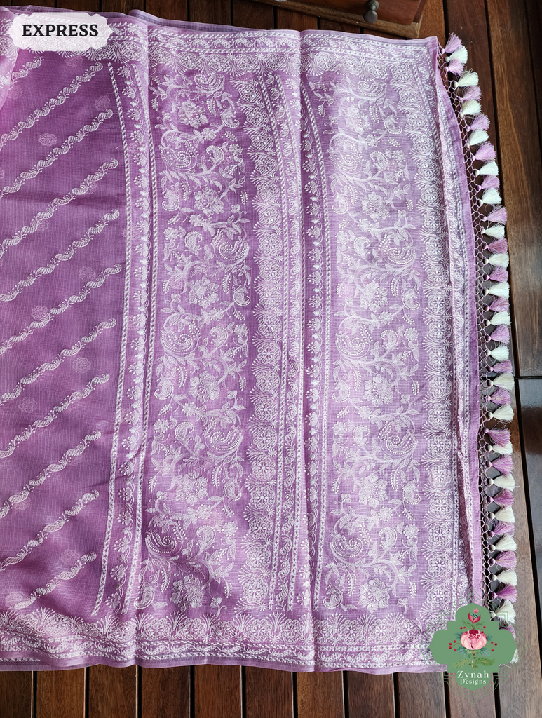 Zynah Lilac Pure Tussar Kota Silk Lehriya Style Saree with Chikankari-Inspired Embroidery; Custom Stitched/Ready-made Blouse, Fall, Petticoat; SKU: 1604202501
