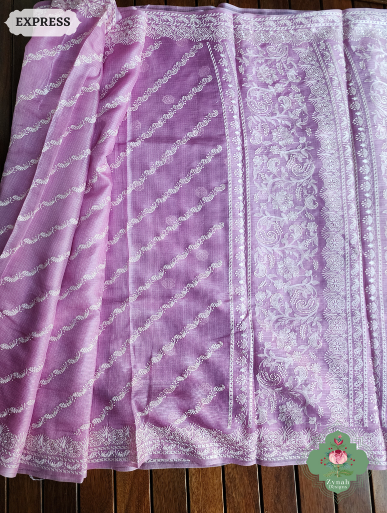 Zynah Lilac Pure Tussar Kota Silk Lehriya Style Saree with Chikankari-Inspired Embroidery; Custom Stitched/Ready-made Blouse, Fall, Petticoat; SKU: 1604202501