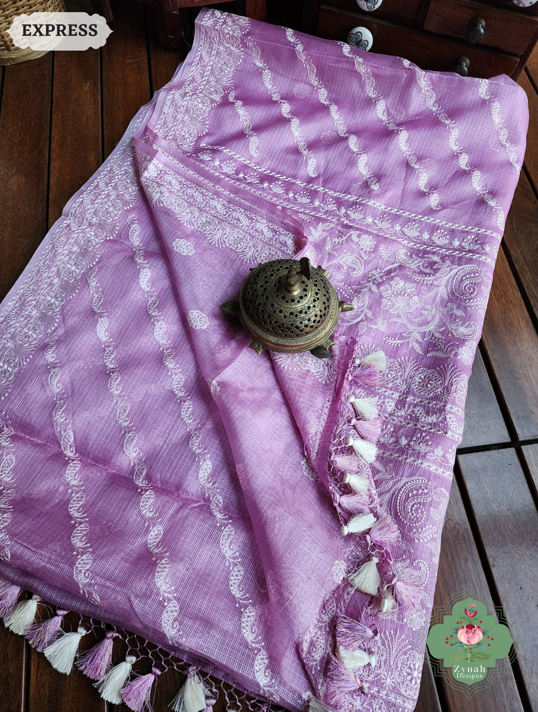 Zynah Lilac Pure Tussar Kota Silk Lehriya Style Saree with Chikankari-Inspired Embroidery; Custom Stitched/Ready-made Blouse, Fall, Petticoat; SKU: 1604202501