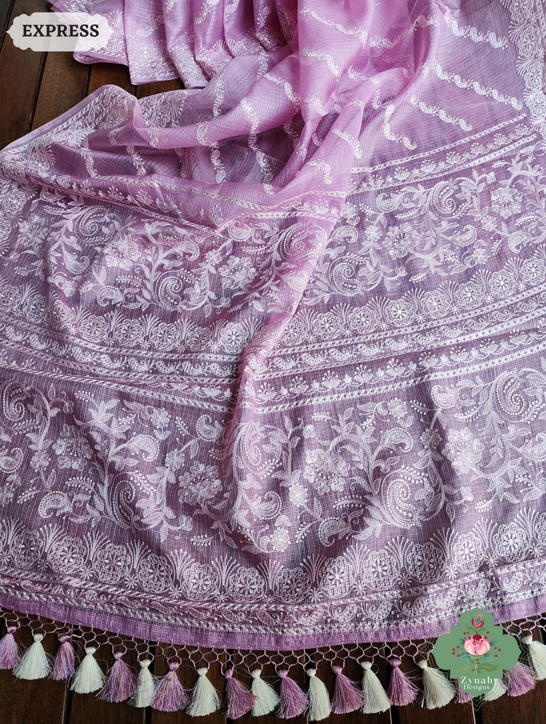 Zynah Lilac Pure Tussar Kota Silk Lehriya Style Saree with Chikankari-Inspired Embroidery; Custom Stitched/Ready-made Blouse, Fall, Petticoat; SKU: 1604202501