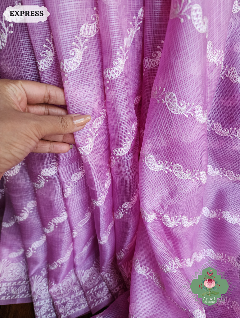 Zynah Lilac Pure Tussar Kota Silk Lehriya Style Saree with Chikankari-Inspired Embroidery; Custom Stitched/Ready-made Blouse, Fall, Petticoat; SKU: 1604202501