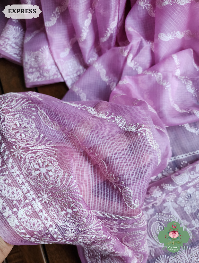 Zynah Lilac Pure Tussar Kota Silk Lehriya Style Saree with Chikankari-Inspired Embroidery; Custom Stitched/Ready-made Blouse, Fall, Petticoat; SKU: 1604202501