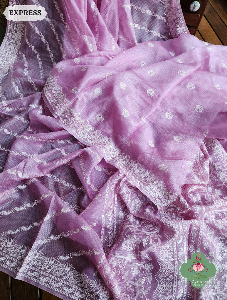 Zynah Lilac Pure Tussar Kota Silk Lehriya Style Saree with Chikankari-Inspired Embroidery; Custom Stitched/Ready-made Blouse, Fall, Petticoat; SKU: 1604202501