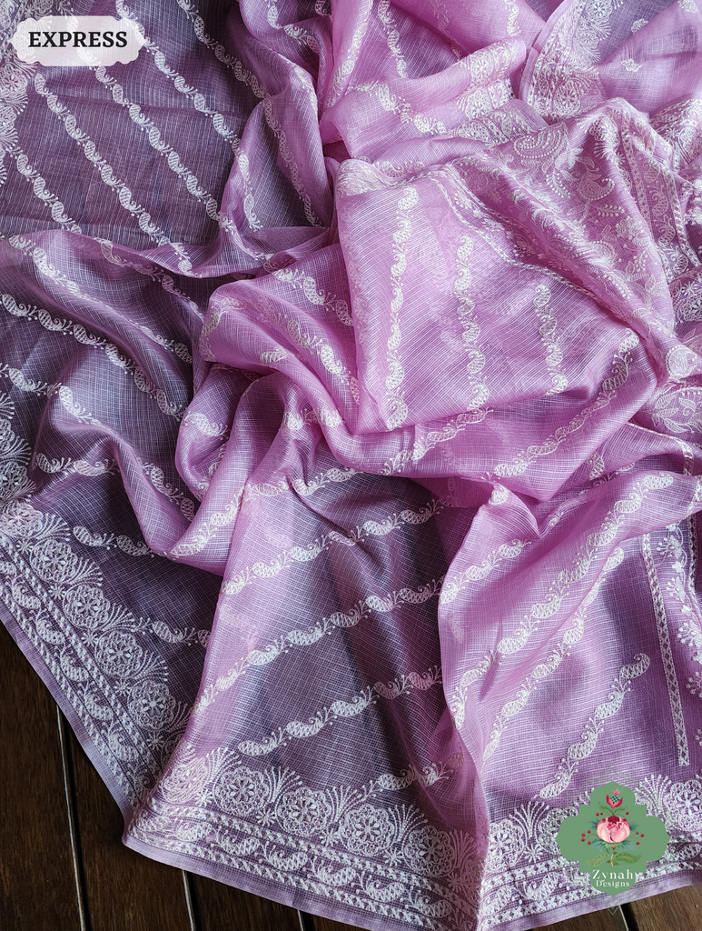 Zynah Lilac Pure Tussar Kota Silk Lehriya Style Saree with Chikankari-Inspired Embroidery; Custom Stitched/Ready-made Blouse, Fall, Petticoat; SKU: 1604202501