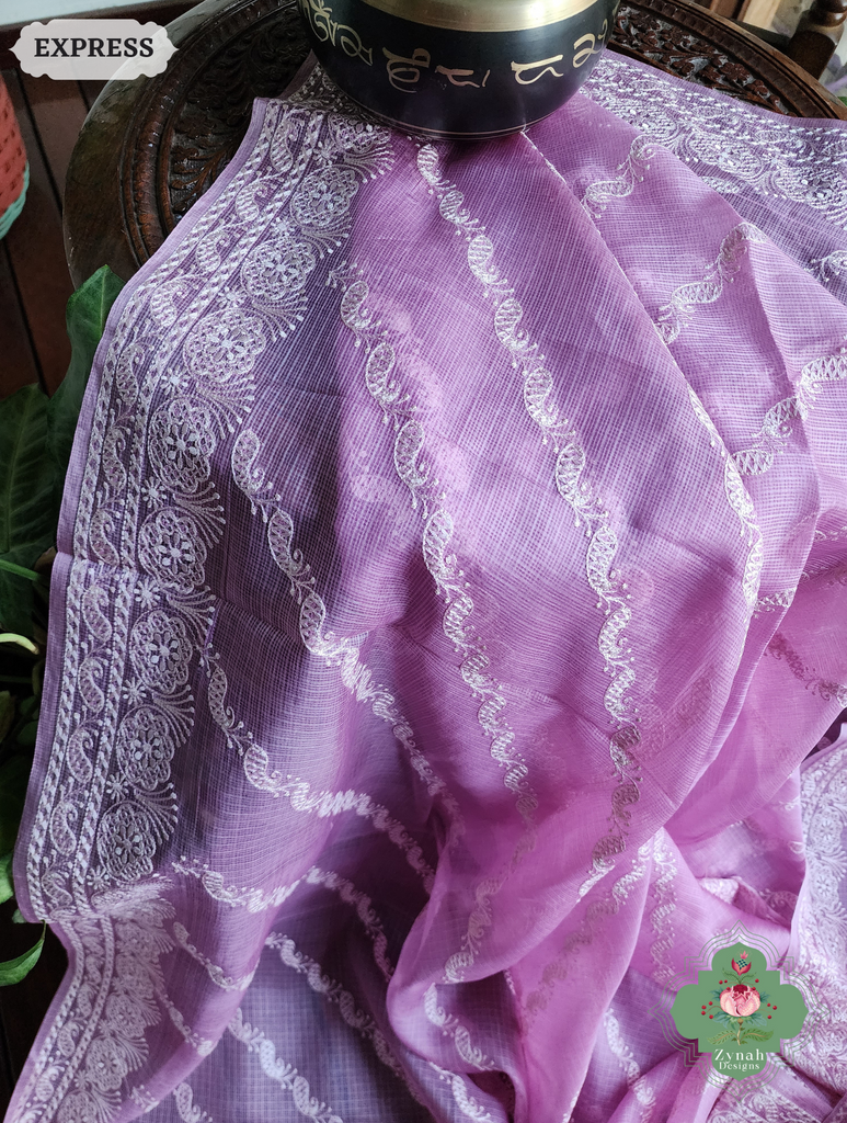 Zynah Lilac Pure Tussar Kota Silk Lehriya Style Saree with Chikankari-Inspired Embroidery; Custom Stitched/Ready-made Blouse, Fall, Petticoat; SKU: 1604202501