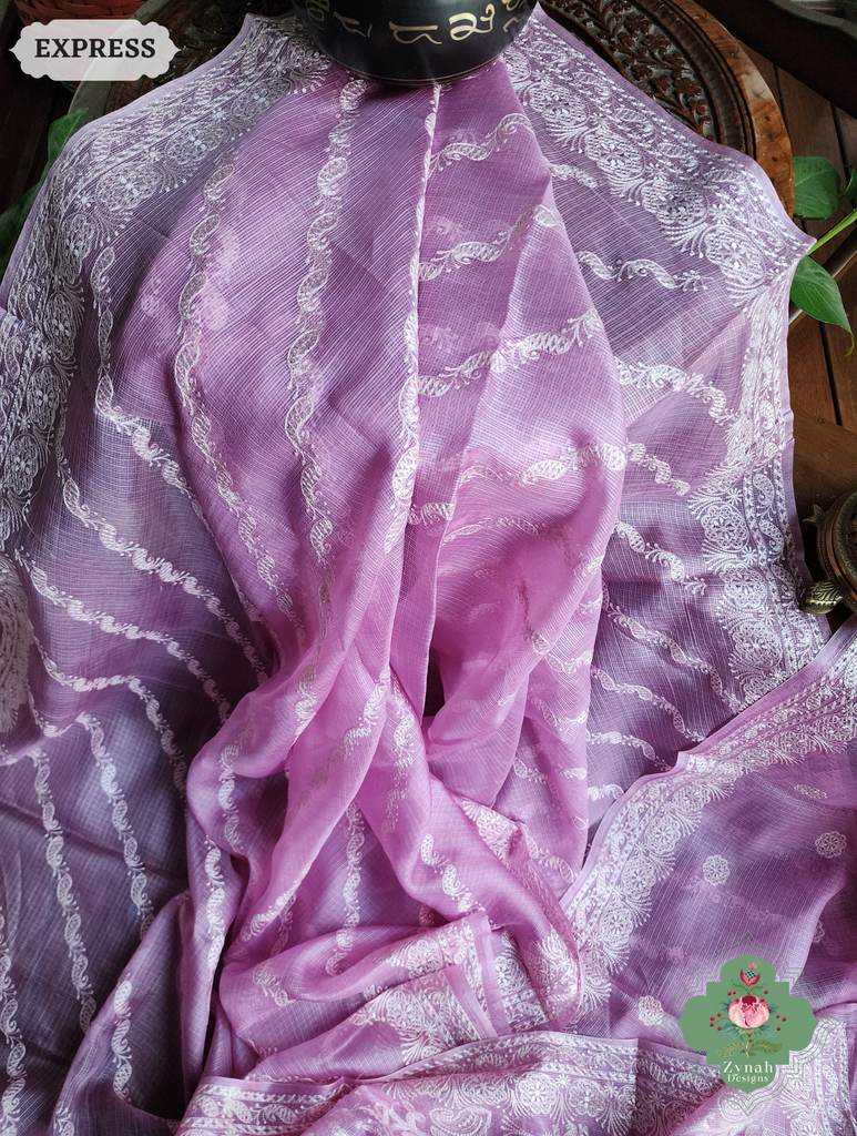 Zynah Lilac Pure Tussar Kota Silk Lehriya Style Saree with Chikankari-Inspired Embroidery; Custom Stitched/Ready-made Blouse, Fall, Petticoat; SKU: 1604202501