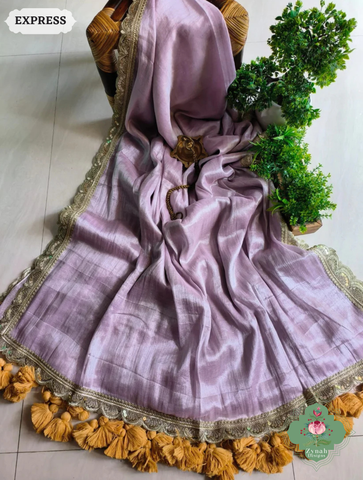 Zynah Metallic Lilac Linen Tissue Saree With Scalloped Lace & Mustard Tassels; Custom Stitched/Ready-made Blouse, Fall, Petticoat; SKU: 2703202510