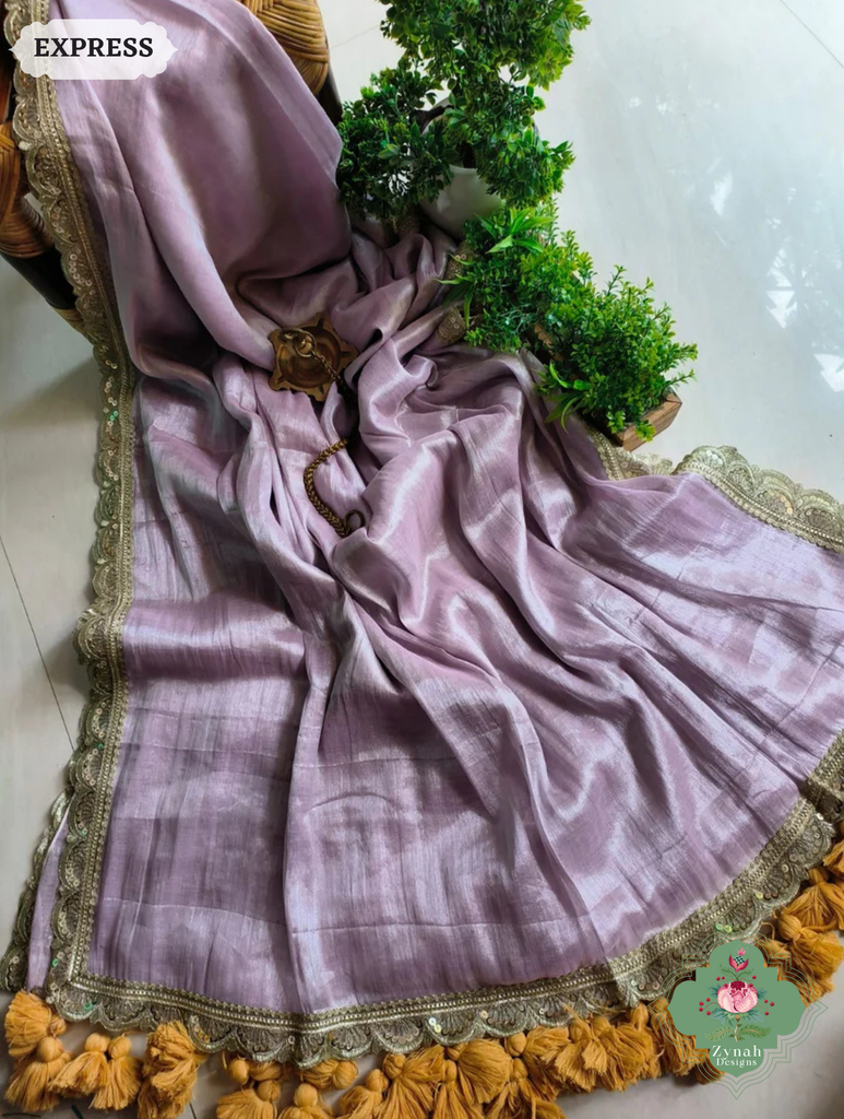 Zynah Metallic Lilac Linen Tissue Saree With Scalloped Lace & Mustard Tassels; Custom Stitched/Ready-made Blouse, Fall, Petticoat; SKU: 2703202510
