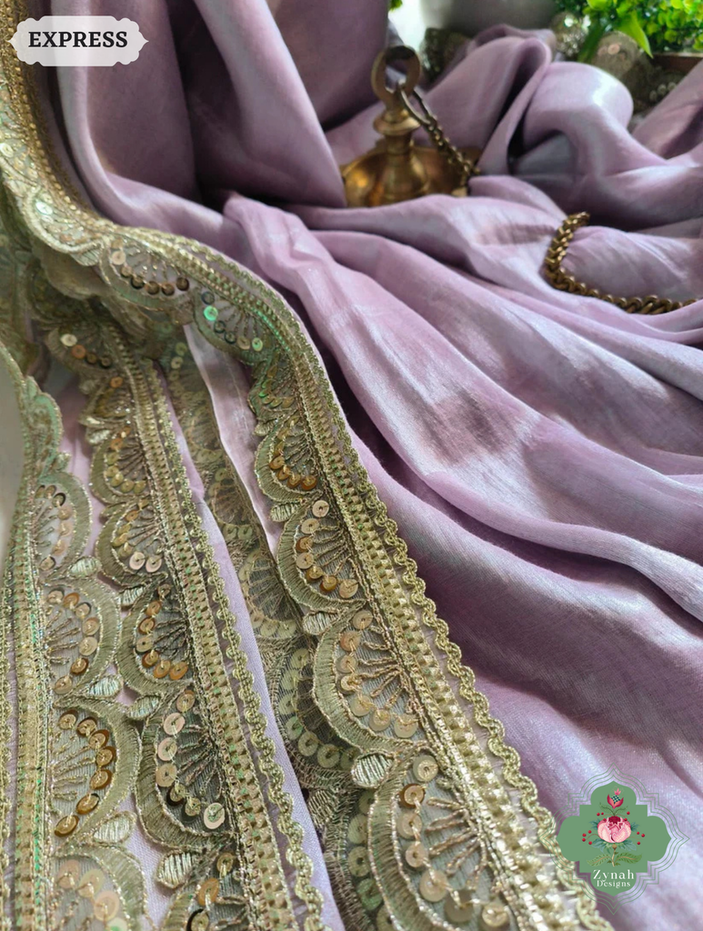Zynah Metallic Lilac Linen Tissue Saree With Scalloped Lace & Mustard Tassels; Custom Stitched/Ready-made Blouse, Fall, Petticoat; SKU: 2703202510