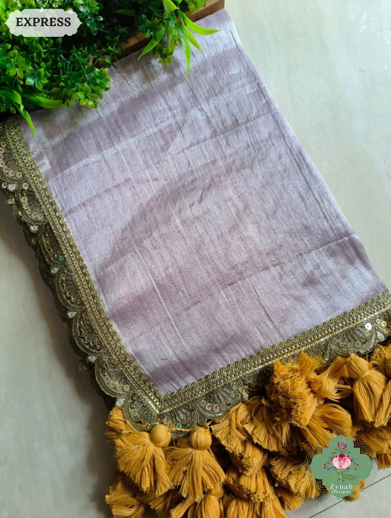Zynah Metallic Lilac Linen Tissue Saree With Scalloped Lace & Mustard Tassels; Custom Stitched/Ready-made Blouse, Fall, Petticoat; SKU: 2703202510
