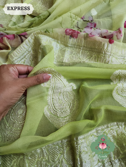 Zynah Lime Pure Khaddi Georgette Floral Banarasi Saree With Silver Zari; Custom Stitched/Ready-made Blouse, Fall, Petticoat; SKU: 2804202305