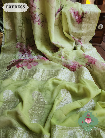 Lime Khaddi Georgette Floral Banarasi Saree w/ Silver Zari. Radiates elegance & grace. Perfect for any occasion.
