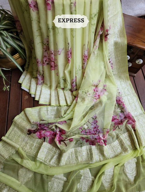 Zynah Lime Pure Khaddi Georgette Floral Banarasi Saree With Silver Zari; Custom Stitched/Ready-made Blouse, Fall, Petticoat; SKU: 2804202305