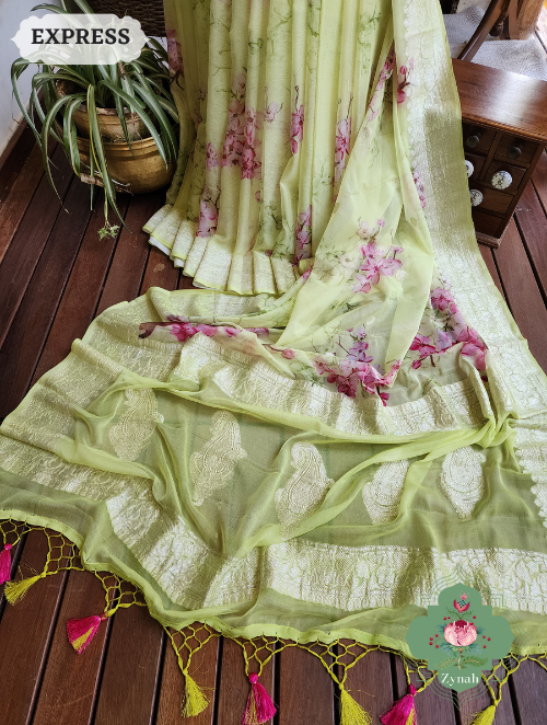Zynah Lime Pure Khaddi Georgette Floral Banarasi Saree With Silver Zari; Custom Stitched/Ready-made Blouse, Fall, Petticoat; SKU: 2804202305