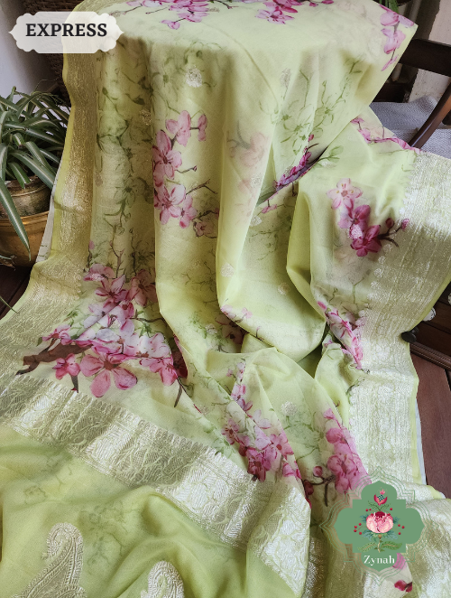 Zynah Lime Pure Khaddi Georgette Floral Banarasi Saree With Silver Zari; Custom Stitched/Ready-made Blouse, Fall, Petticoat; SKU: 2804202305