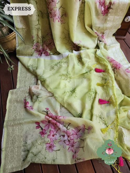Zynah Lime Pure Khaddi Georgette Floral Banarasi Saree With Silver Zari; Custom Stitched/Ready-made Blouse, Fall, Petticoat; SKU: 2804202305