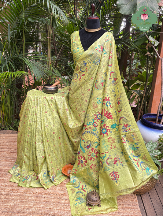 Tarangini Lime Green Pure Gachi Tussar Silk Saree With Kantha Hand Embroidery - SKU 0907202602