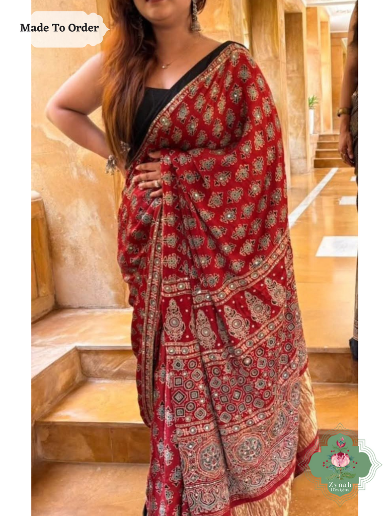 Zynah Made To Order Madder Red Ajrakh Modal Silk Saree With Hand Embellishments; Custom Stitched/Ready-made Blouse, Fall, Petticoat; SKU:1909202501
