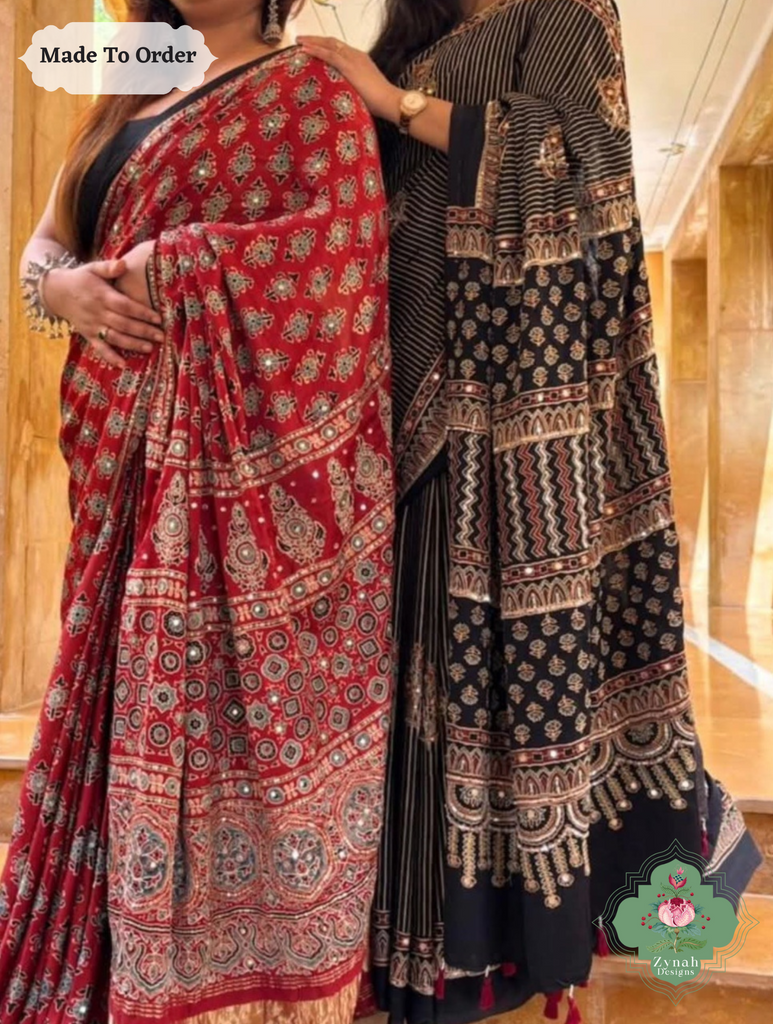 Zynah Made To Order Madder Red Ajrakh Modal Silk Saree With Hand Embellishments; Custom Stitched/Ready-made Blouse, Fall, Petticoat; SKU:1909202501