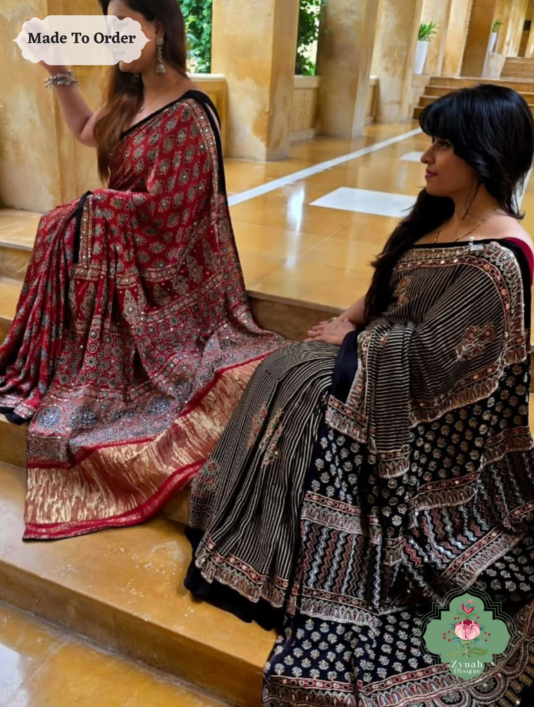 Zynah Made To Order Madder Red Ajrakh Modal Silk Saree With Hand Embellishments; Custom Stitched/Ready-made Blouse, Fall, Petticoat; SKU:1909202501