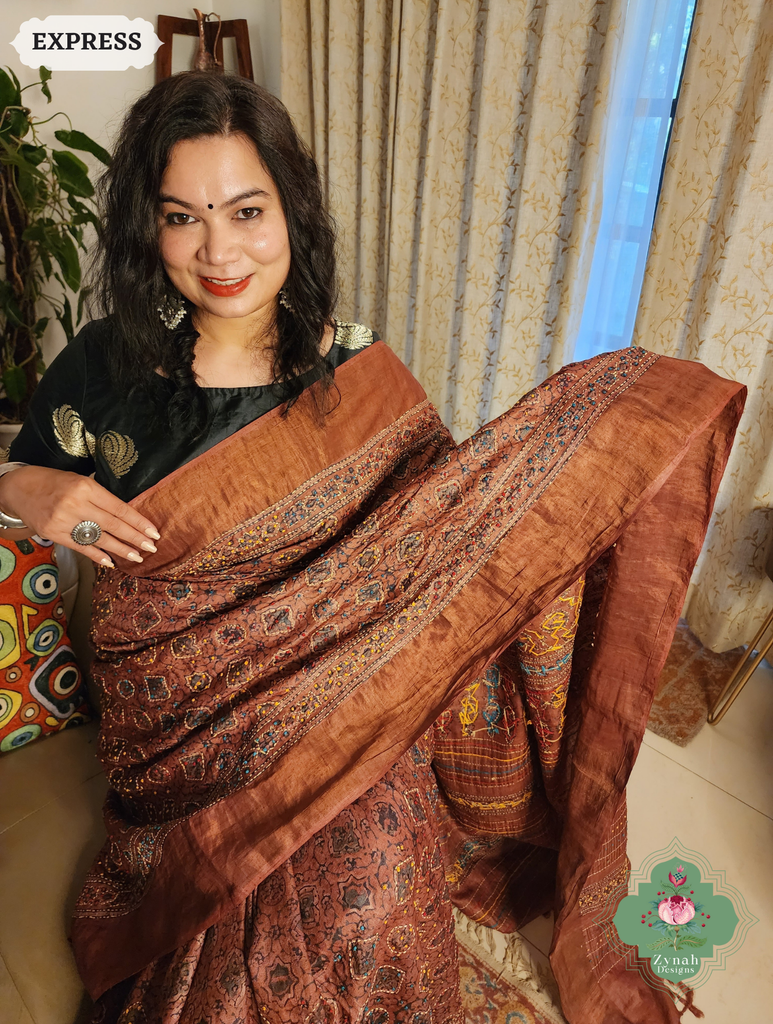 Zynah Madder Red Pure Tussar Silk Hand Block Print Ajrakh Saree With Hand Embroidery; Custom Stitched/Ready-made Blouse, Fall, Petticoat; SKU: 2409202509
