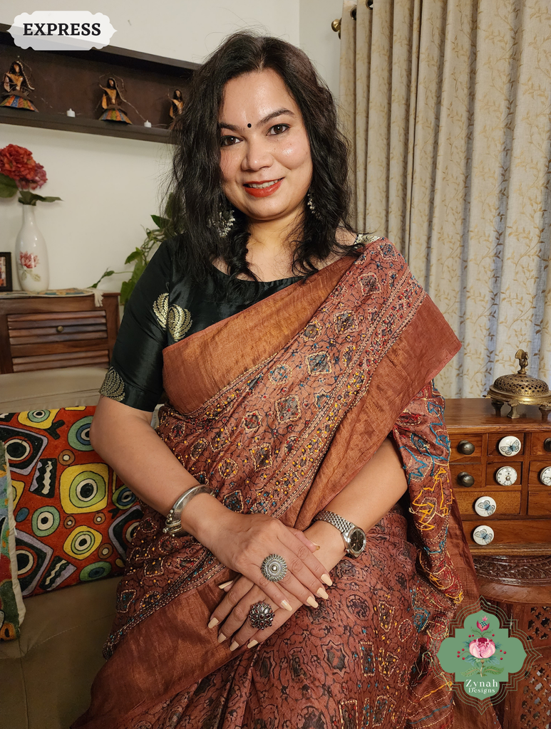 Zynah Madder Red Pure Tussar Silk Hand Block Print Ajrakh Saree With Hand Embroidery; Custom Stitched/Ready-made Blouse, Fall, Petticoat; SKU: 2409202509