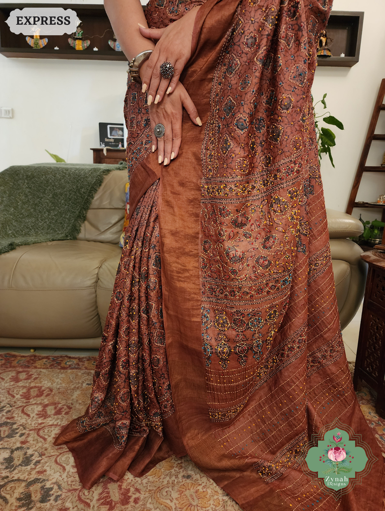 Zynah Madder Red Pure Tussar Silk Hand Block Print Ajrakh Saree With Hand Embroidery; Custom Stitched/Ready-made Blouse, Fall, Petticoat; SKU: 2409202509