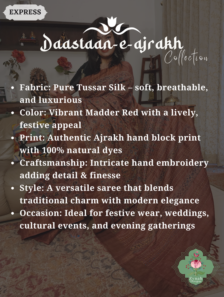 Zynah Madder Red Pure Tussar Silk Hand Block Print Ajrakh Saree With Hand Embroidery; Custom Stitched/Ready-made Blouse, Fall, Petticoat; SKU: 2409202509