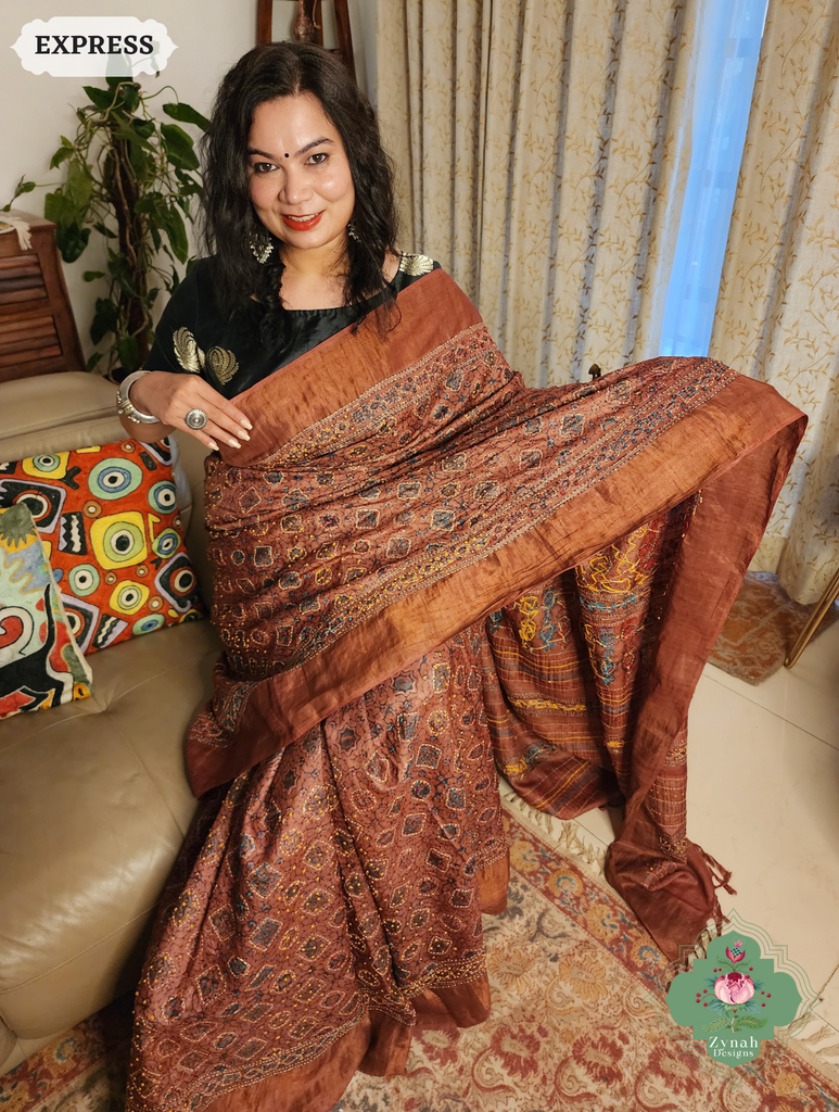 Zynah Madder Red Pure Tussar Silk Hand Block Print Ajrakh Saree With Hand Embroidery; Custom Stitched/Ready-made Blouse, Fall, Petticoat; SKU: 2409202509