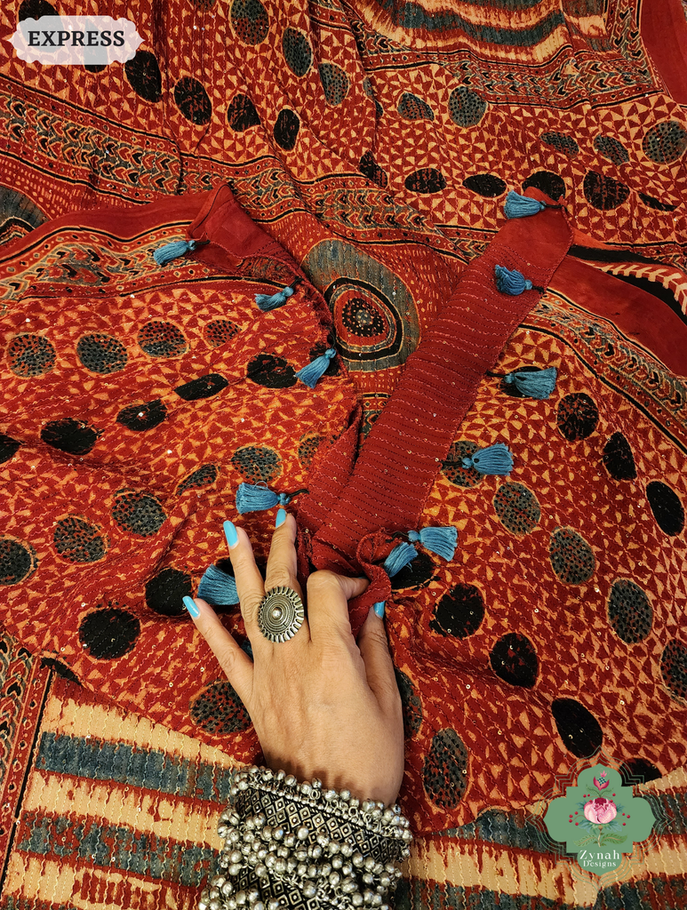 Zynah Madder Red Hand-Block Printed Georgette Silk Ajrakh Saree with Sequins Highlight; Custom Stitched/Ready-made Blouse, Fall, Petticoat; SKU: 1004202505