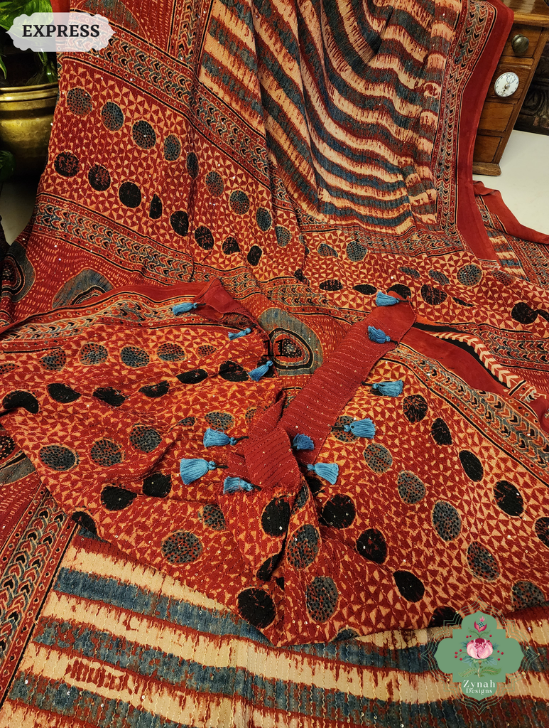 Zynah Madder Red Hand-Block Printed Georgette Silk Ajrakh Saree with Sequins Highlight; Custom Stitched/Ready-made Blouse, Fall, Petticoat; SKU: 1004202505