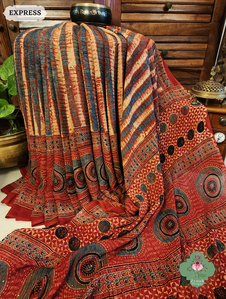 Zynah Madder Red Hand-Block Printed Georgette Silk Ajrakh Saree with Sequins Highlight; Custom Stitched/Ready-made Blouse, Fall, Petticoat; SKU: 1004202505