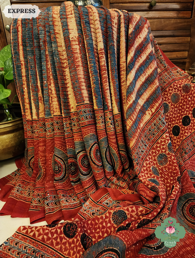 Zynah Madder Red Hand-Block Printed Georgette Silk Ajrakh Saree with Sequins Highlight; Custom Stitched/Ready-made Blouse, Fall, Petticoat; SKU: 1004202505