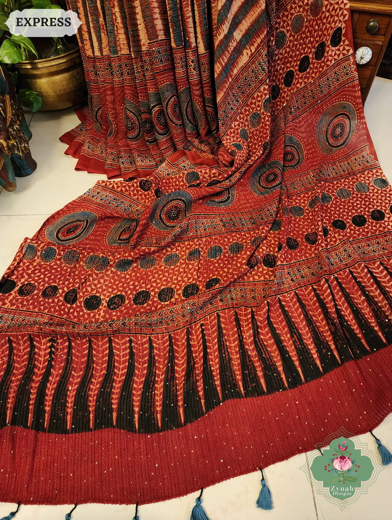 Zynah Madder Red Hand-Block Printed Georgette Silk Ajrakh Saree with Sequins Highlight; Custom Stitched/Ready-made Blouse, Fall, Petticoat; SKU: 1004202505