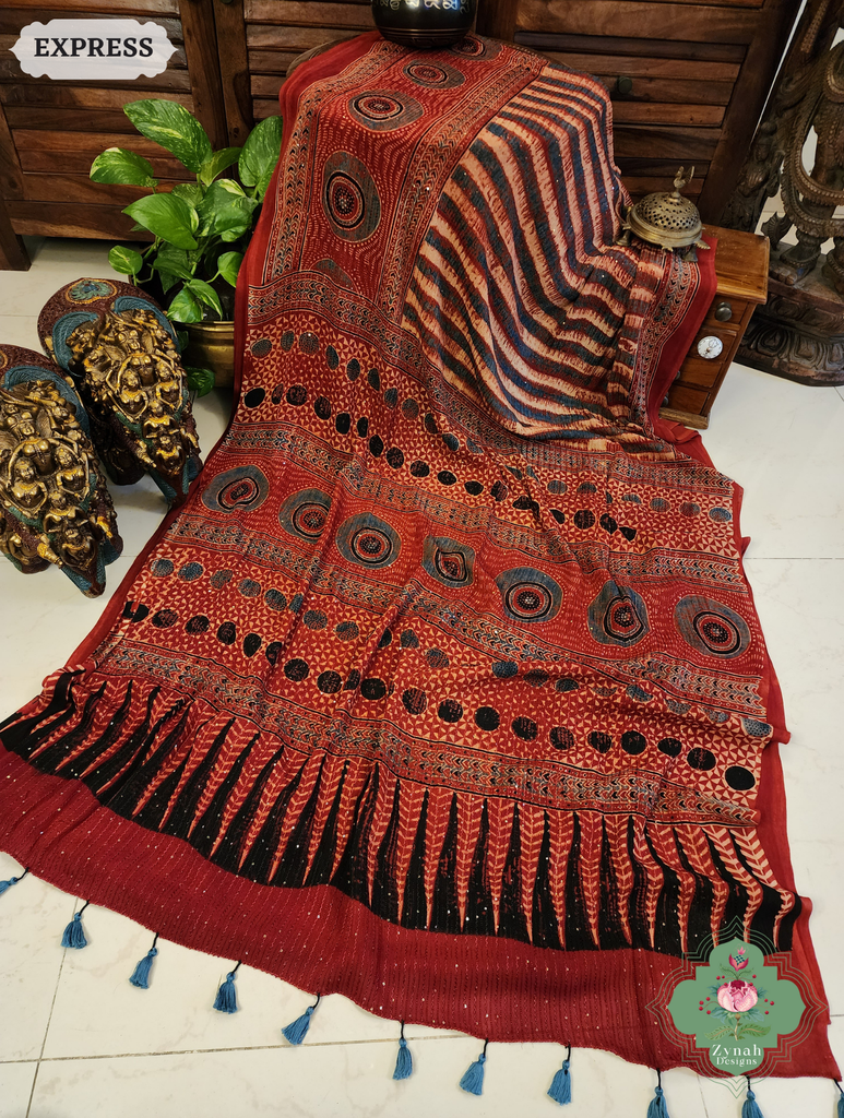 Zynah Madder Red Hand-Block Printed Georgette Silk Ajrakh Saree with Sequins Highlight; Custom Stitched/Ready-made Blouse, Fall, Petticoat; SKU: 1004202505