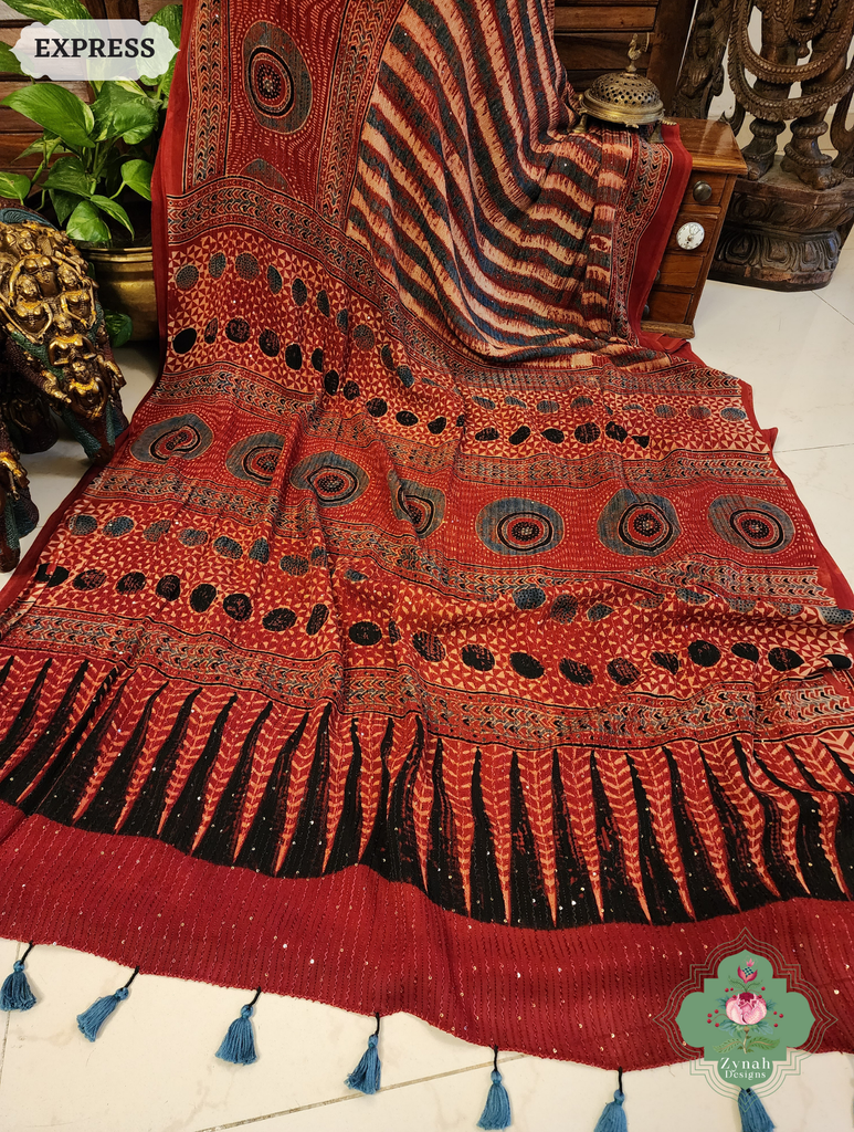Zynah Madder Red Hand-Block Printed Georgette Silk Ajrakh Saree with Sequins Highlight; Custom Stitched/Ready-made Blouse, Fall, Petticoat; SKU: 1004202505
