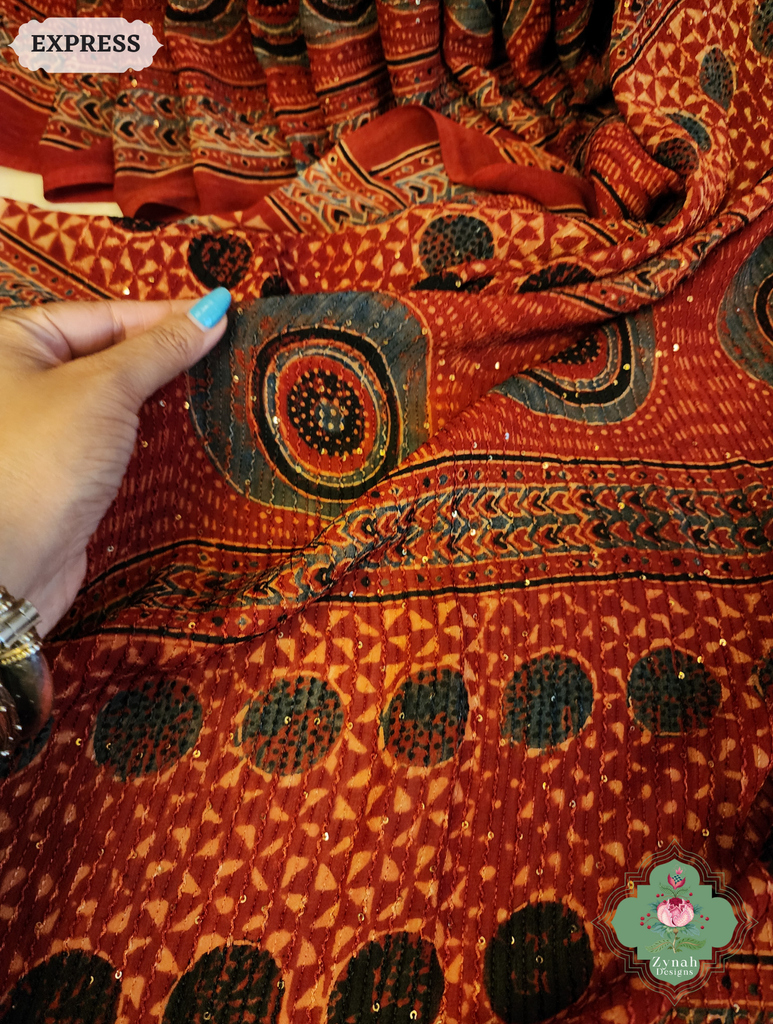 Zynah Madder Red Hand-Block Printed Georgette Silk Ajrakh Saree with Sequins Highlight; Custom Stitched/Ready-made Blouse, Fall, Petticoat; SKU: 1004202505