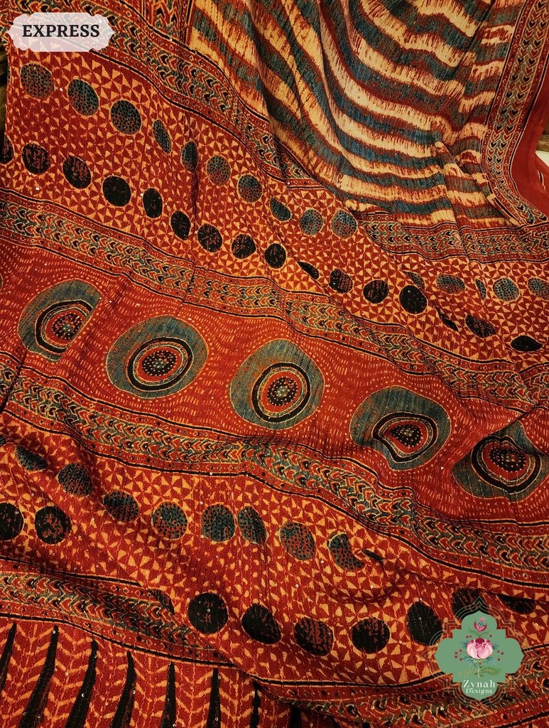Zynah Madder Red Hand-Block Printed Georgette Silk Ajrakh Saree with Sequins Highlight; Custom Stitched/Ready-made Blouse, Fall, Petticoat; SKU: 1004202505