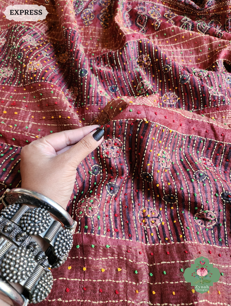 Zynah Madder Red Pure Tussar Silk Hand Block Print Ajrakh Saree With Hand Embroidery; Custom Stitched/Ready-made Blouse, Fall, Petticoat; SKU: 2409202510