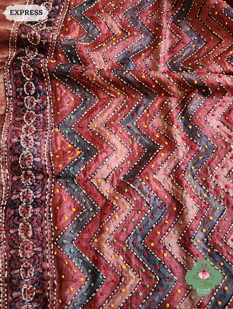 Zynah Madder Red Pure Tussar Silk Hand Block Print Ajrakh Saree With Hand Embroidery; Custom Stitched/Ready-made Blouse, Fall, Petticoat; SKU: 2409202510