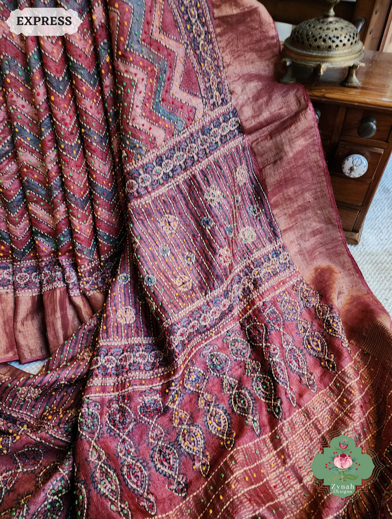 Zynah Madder Red Pure Tussar Silk Hand Block Print Ajrakh Saree With Hand Embroidery; Custom Stitched/Ready-made Blouse, Fall, Petticoat; SKU: 2409202510