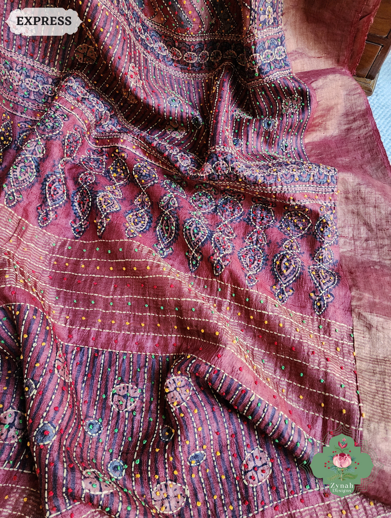 Zynah Madder Red Pure Tussar Silk Hand Block Print Ajrakh Saree With Hand Embroidery; Custom Stitched/Ready-made Blouse, Fall, Petticoat; SKU: 2409202510